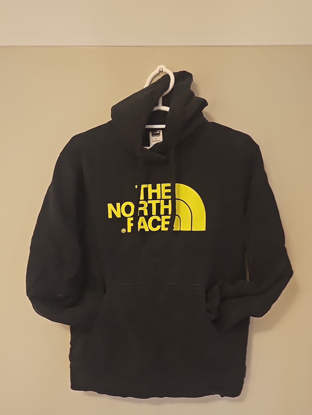 Mens The North Face Black with Yellow Logo Hoodie Large